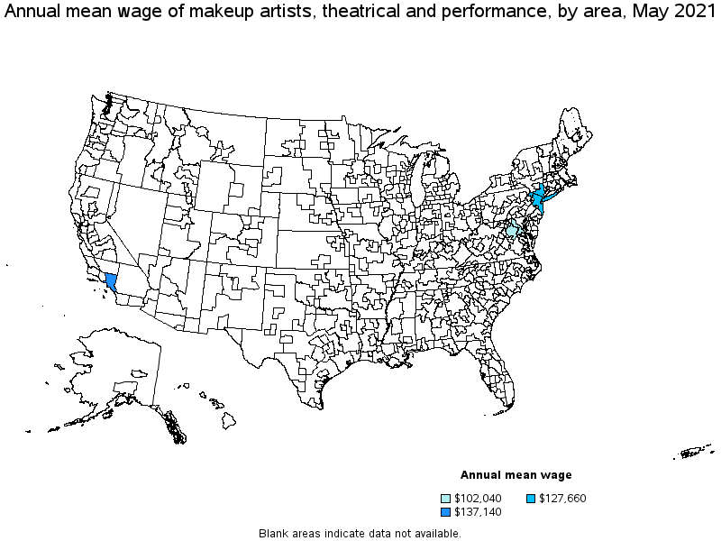 Map of annual mean wages of makeup artists, theatrical and performance by area, May 2021