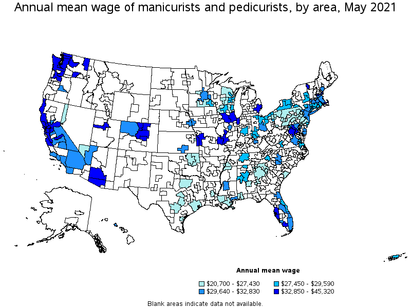 Map of annual mean wages of manicurists and pedicurists by area, May 2021