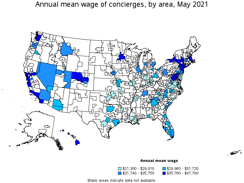 Map of annual mean wages of concierges by area, May 2021