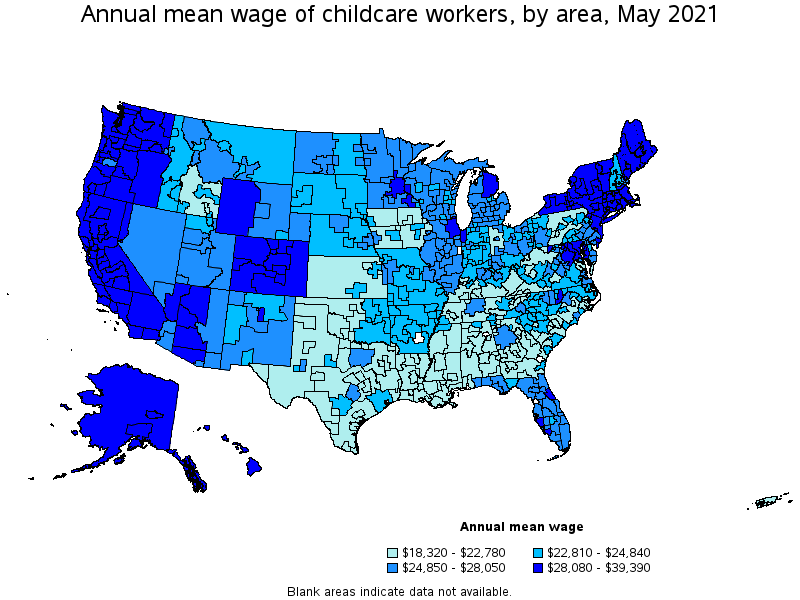 Map of annual mean wages of childcare workers by area, May 2021