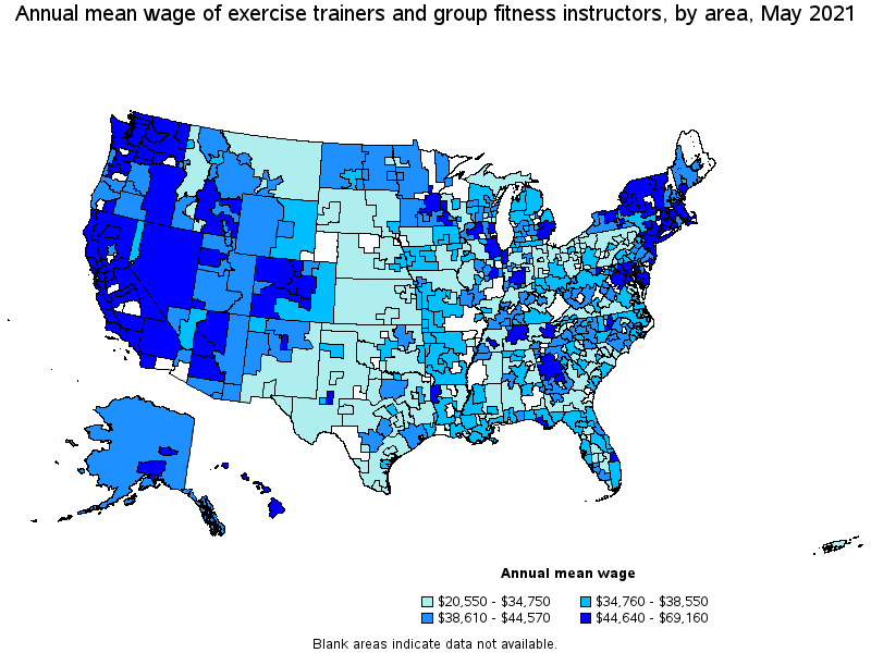 Map of annual mean wages of exercise trainers and group fitness instructors by area, May 2021