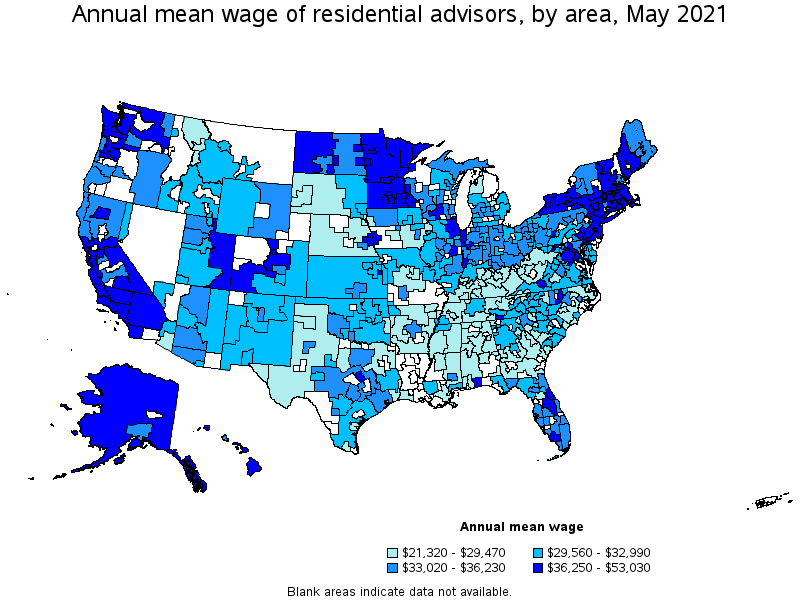 Map of annual mean wages of residential advisors by area, May 2021