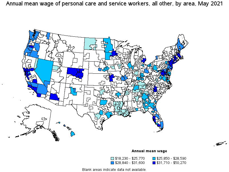 Map of annual mean wages of personal care and service workers, all other by area, May 2021
