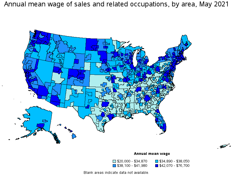 Map of annual mean wages of sales and related occupations by area, May 2021