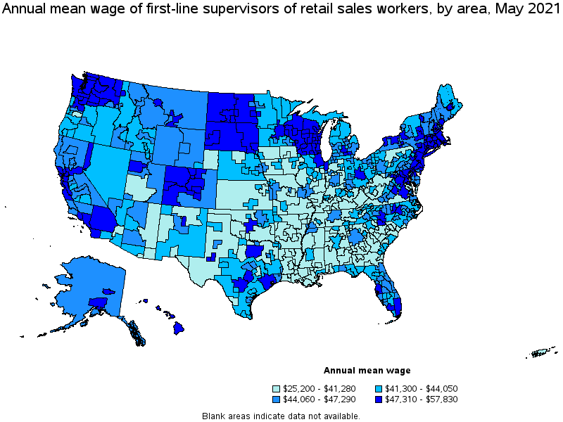 Map of annual mean wages of first-line supervisors of retail sales workers by area, May 2021
