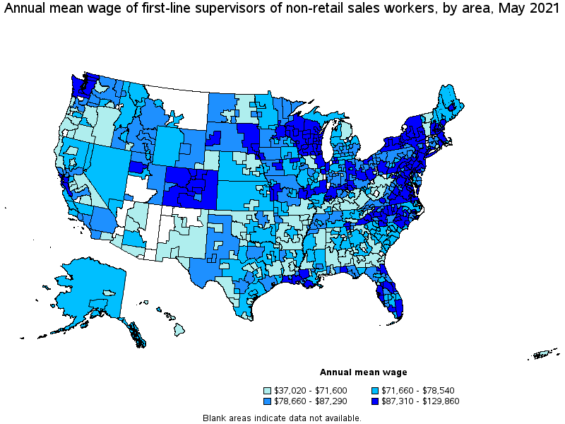 Map of annual mean wages of first-line supervisors of non-retail sales workers by area, May 2021