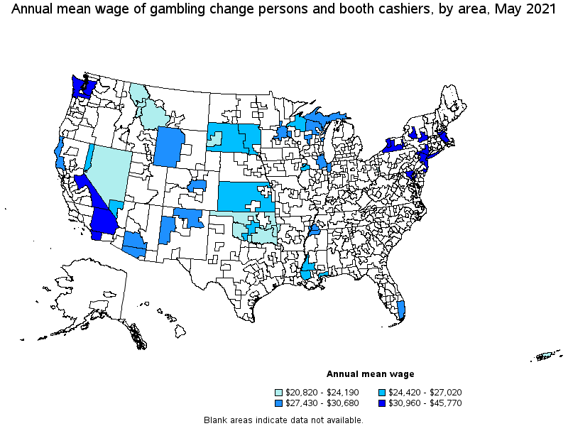 Map of annual mean wages of gambling change persons and booth cashiers by area, May 2021