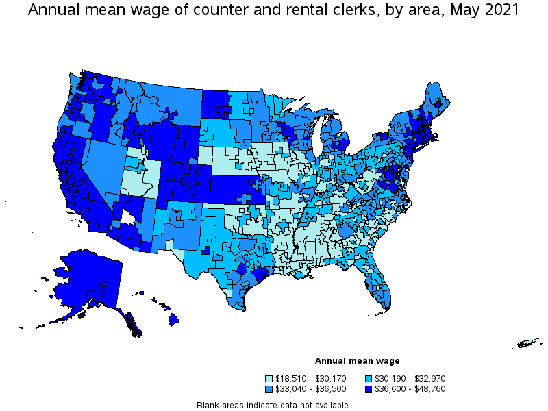 Map of annual mean wages of counter and rental clerks by area, May 2021