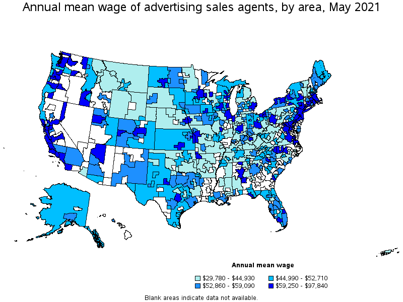 Map of annual mean wages of advertising sales agents by area, May 2021