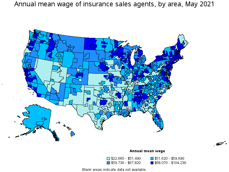 Map of annual mean wages of insurance sales agents by area, May 2021