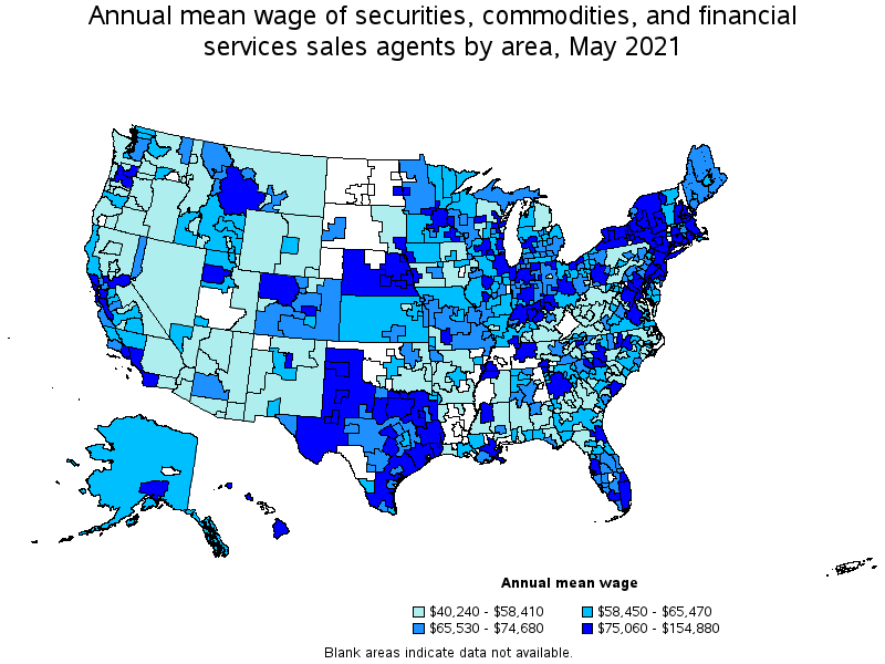 Map of annual mean wages of securities, commodities, and financial services sales agents by area, May 2021