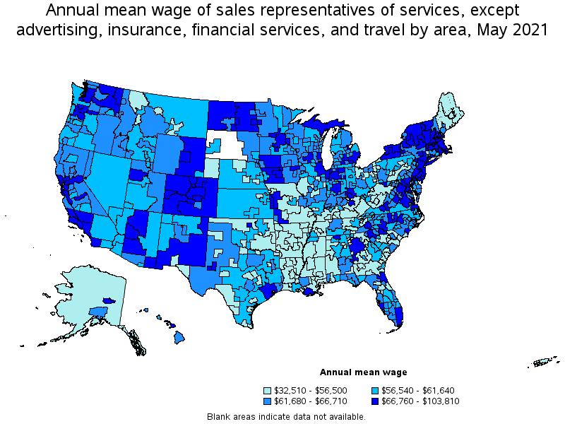 Map of annual mean wages of sales representatives of services, except advertising, insurance, financial services, and travel by area, May 2021