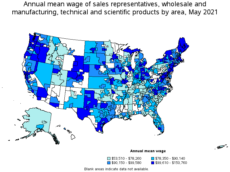 Map of annual mean wages of sales representatives, wholesale and manufacturing, technical and scientific products by area, May 2021