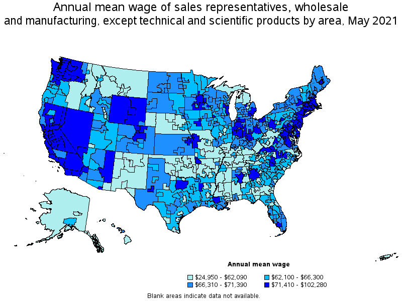 Map of annual mean wages of sales representatives, wholesale and manufacturing, except technical and scientific products by area, May 2021