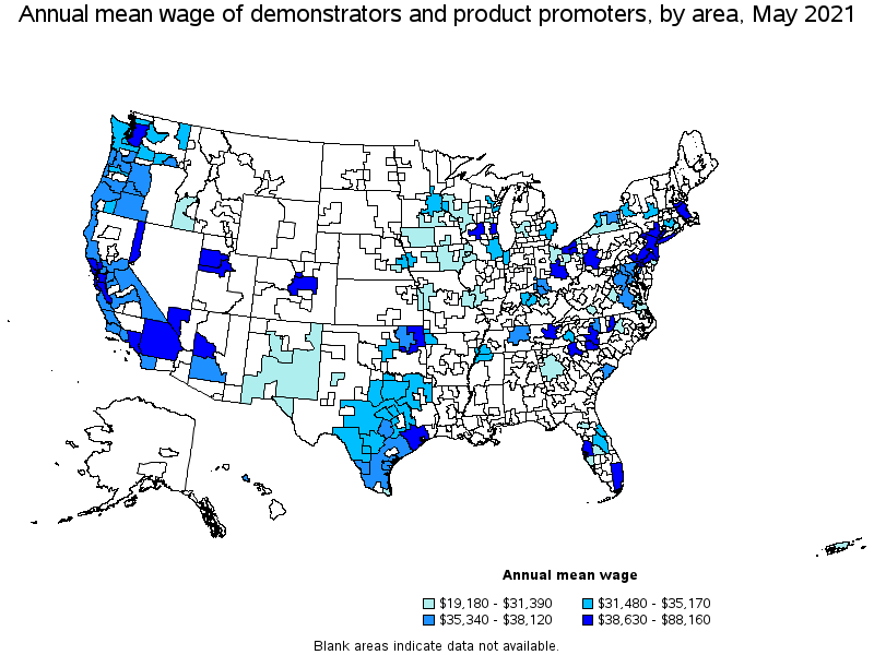 Map of annual mean wages of demonstrators and product promoters by area, May 2021