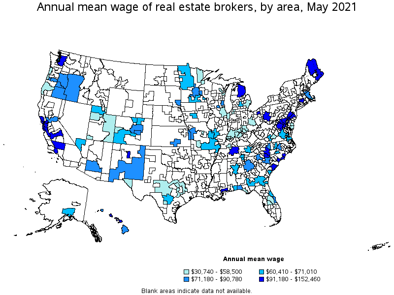 Map of annual mean wages of real estate brokers by area, May 2021