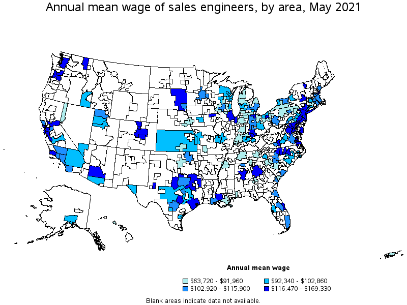 Map of annual mean wages of sales engineers by area, May 2021