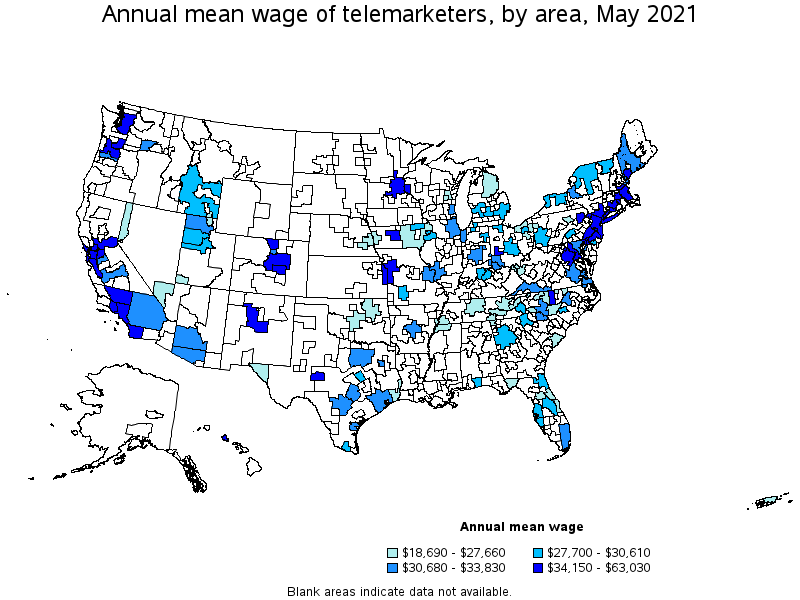 Map of annual mean wages of telemarketers by area, May 2021