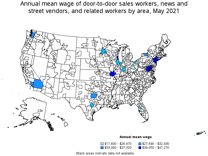 Map of annual mean wages of door-to-door sales workers, news and street vendors, and related workers by area, May 2021