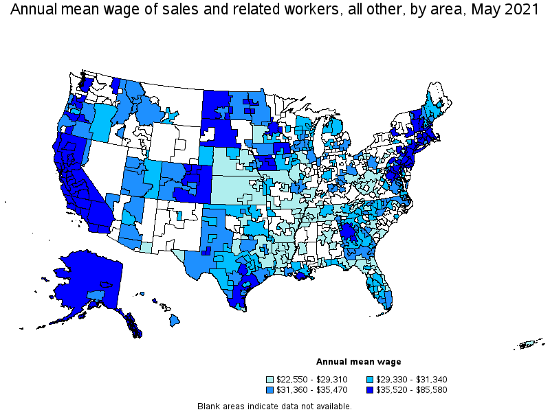 Map of annual mean wages of sales and related workers, all other by area, May 2021