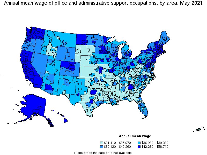 Map of annual mean wages of office and administrative support occupations by area, May 2021