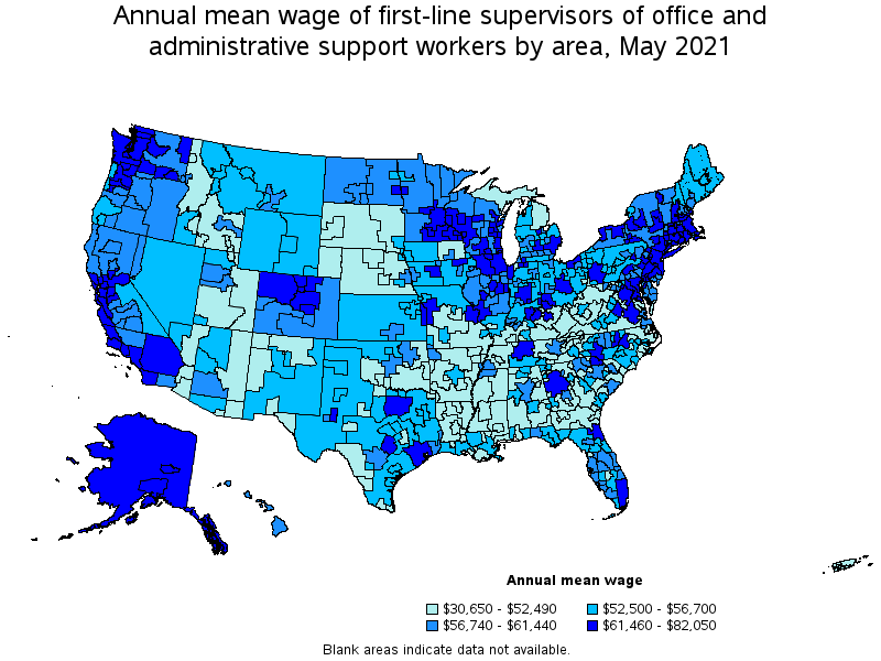 Map of annual mean wages of first-line supervisors of office and administrative support workers by area, May 2021