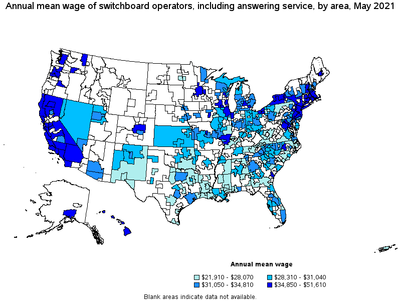 Map of annual mean wages of switchboard operators, including answering service by area, May 2021