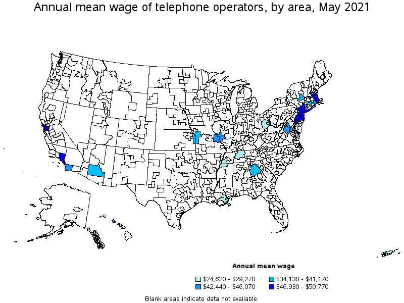 Map of annual mean wages of telephone operators by area, May 2021