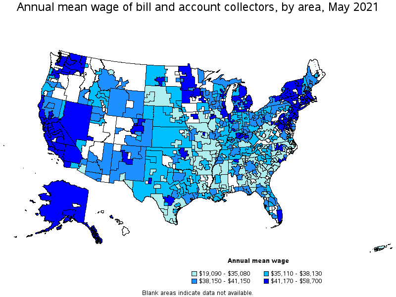 Map of annual mean wages of bill and account collectors by area, May 2021