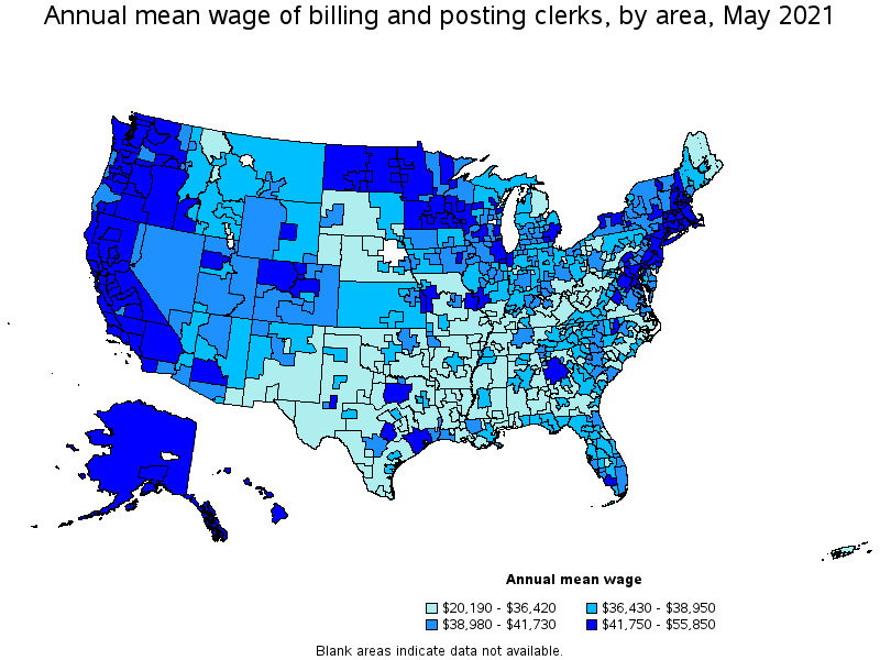 Map of annual mean wages of billing and posting clerks by area, May 2021