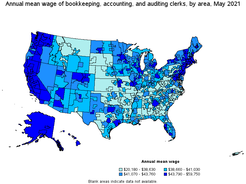 Map of annual mean wages of bookkeeping, accounting, and auditing clerks by area, May 2021