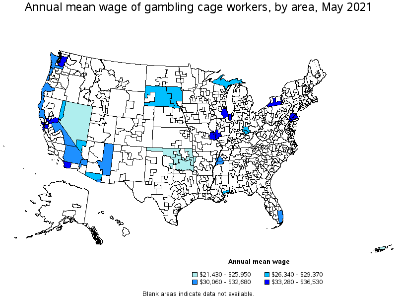 Map of annual mean wages of gambling cage workers by area, May 2021