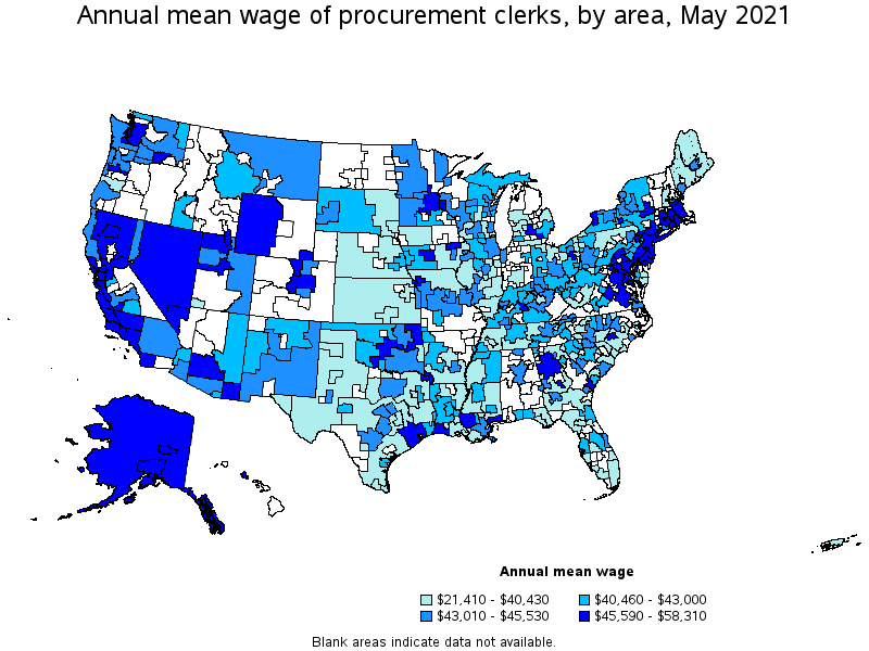Map of annual mean wages of procurement clerks by area, May 2021