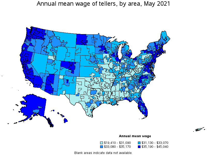 Map of annual mean wages of tellers by area, May 2021