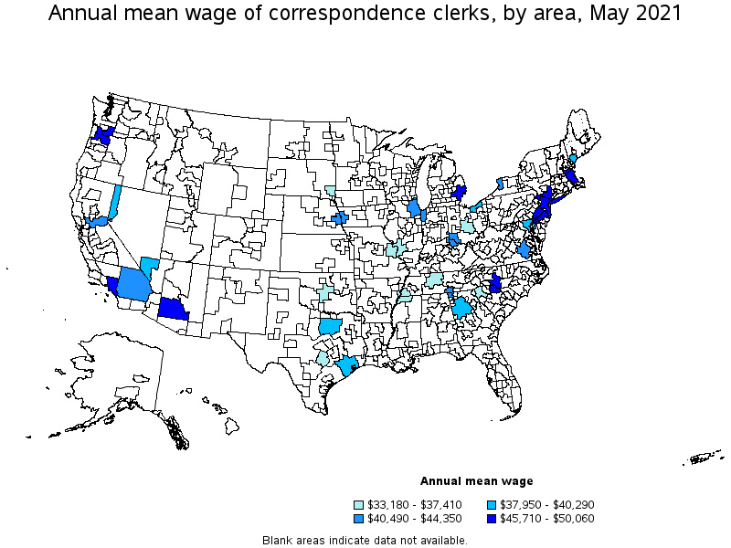 Map of annual mean wages of correspondence clerks by area, May 2021
