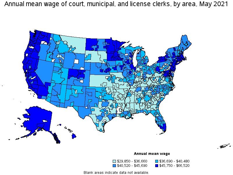 Map of annual mean wages of court, municipal, and license clerks by area, May 2021