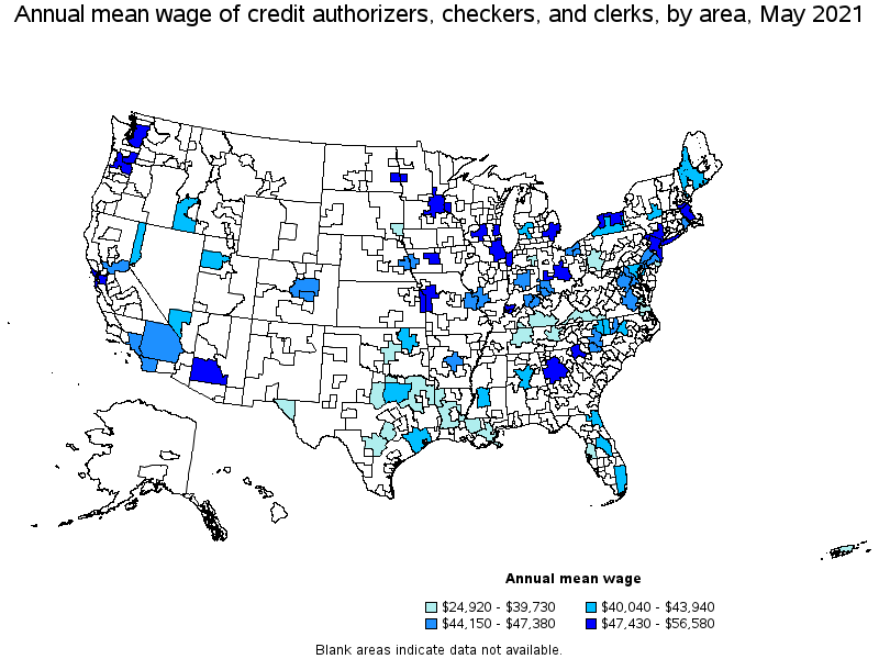 Map of annual mean wages of credit authorizers, checkers, and clerks by area, May 2021