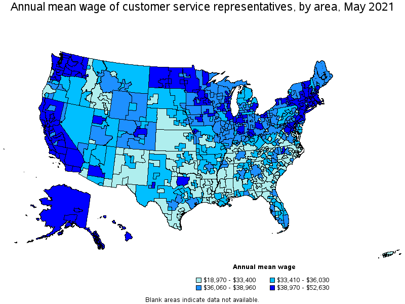 Map of annual mean wages of customer service representatives by area, May 2021