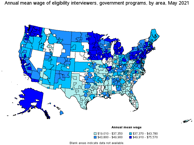 Map of annual mean wages of eligibility interviewers, government programs by area, May 2021