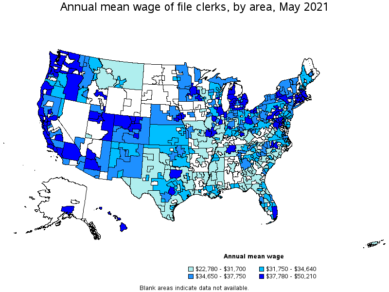 Map of annual mean wages of file clerks by area, May 2021