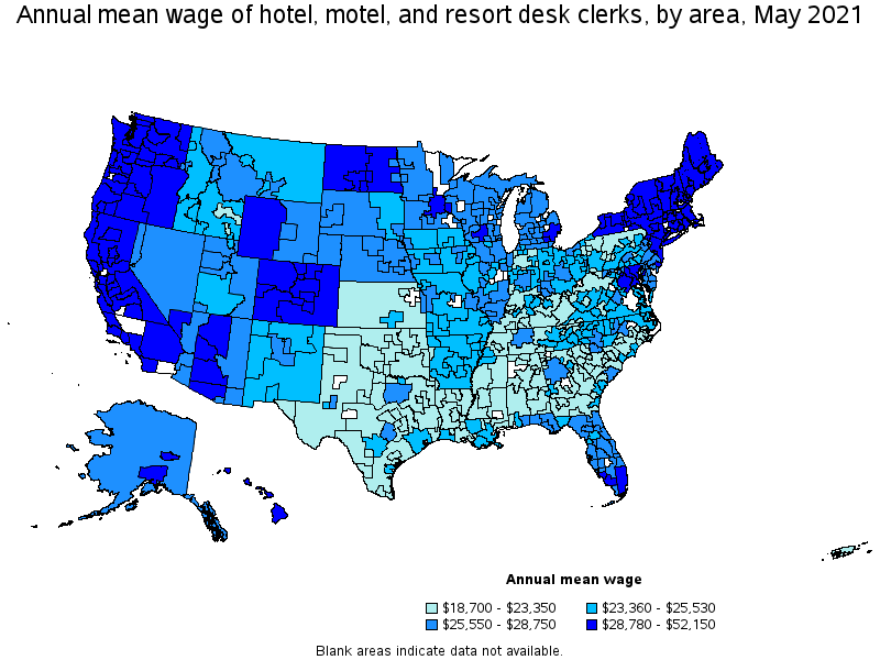 Map of annual mean wages of hotel, motel, and resort desk clerks by area, May 2021