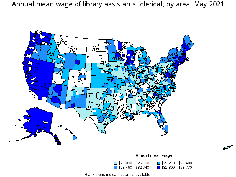 Map of annual mean wages of library assistants, clerical by area, May 2021