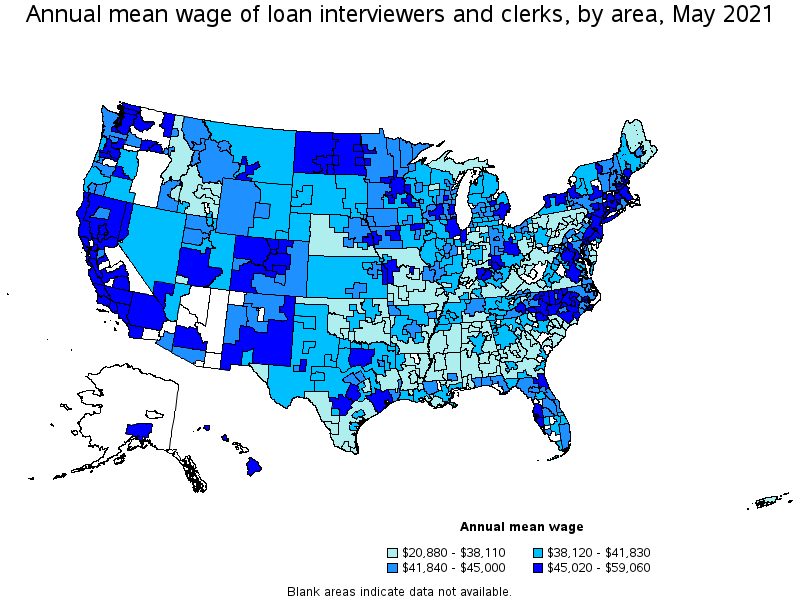 Map of annual mean wages of loan interviewers and clerks by area, May 2021