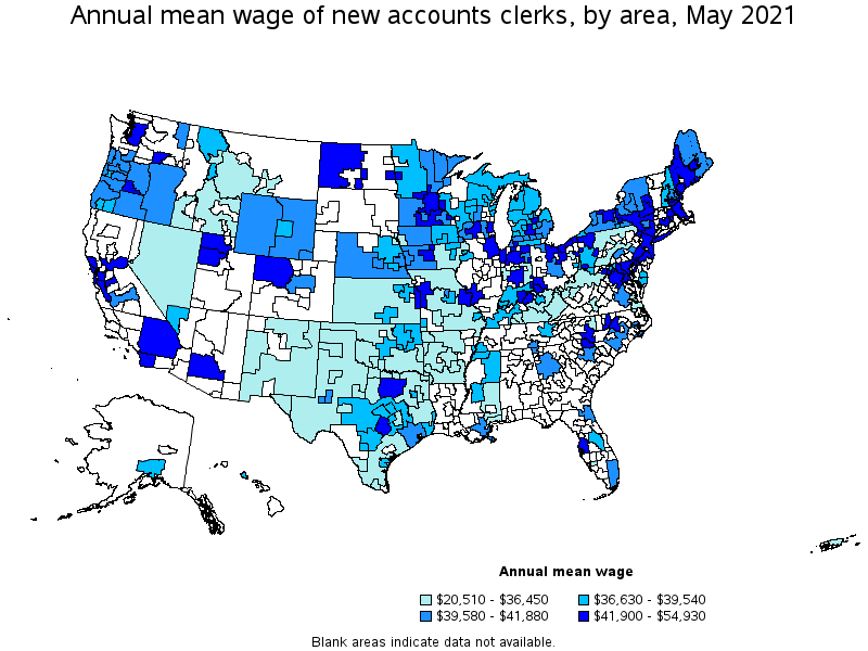 Map of annual mean wages of new accounts clerks by area, May 2021