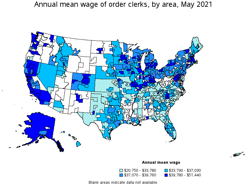 Map of annual mean wages of order clerks by area, May 2021