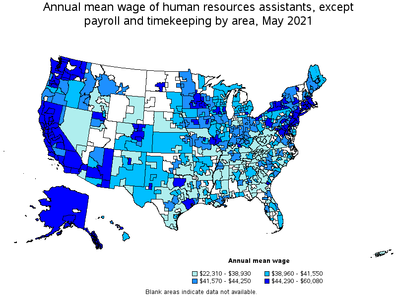 Map of annual mean wages of human resources assistants, except payroll and timekeeping by area, May 2021