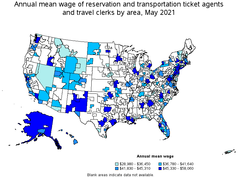Map of annual mean wages of reservation and transportation ticket agents and travel clerks by area, May 2021