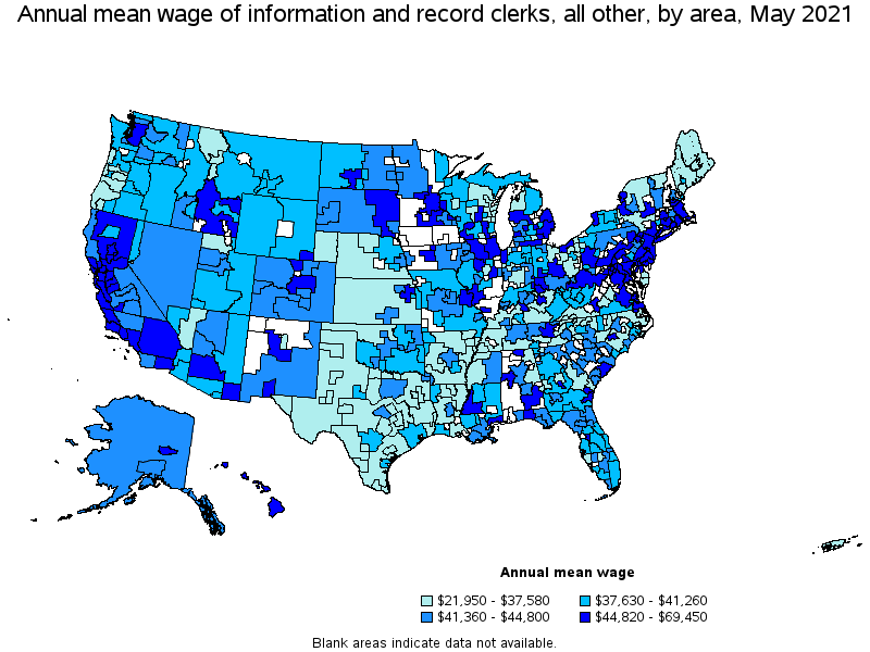 Map of annual mean wages of information and record clerks, all other by area, May 2021