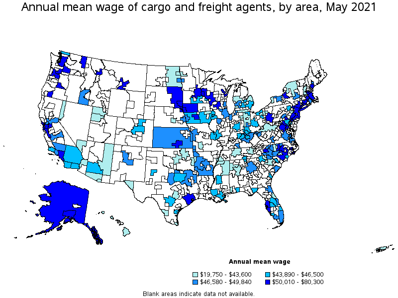 Map of annual mean wages of cargo and freight agents by area, May 2021