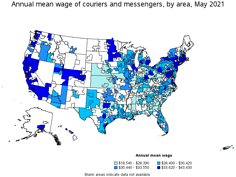 Map of annual mean wages of couriers and messengers by area, May 2021